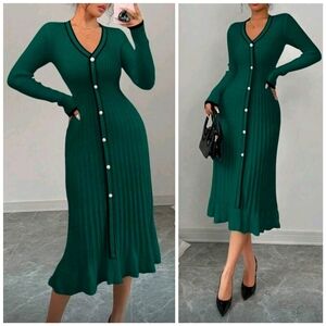 New Contrast Trim V Neck Button Down Ruffle Hem Midi Dress Dark Green